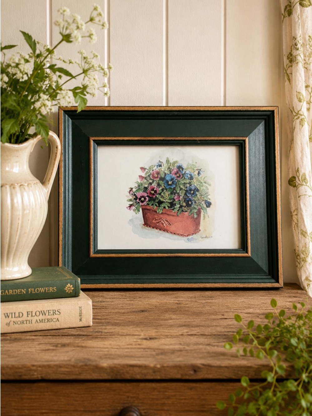 Peggy Abrams Framed Pansies Floral Wall Art Cottage Farmhouse Print Vintage